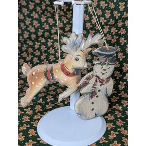 Vintage Hand Painted Wooden Ornaments Snowman And Reindeer Christmas Holiday...‎